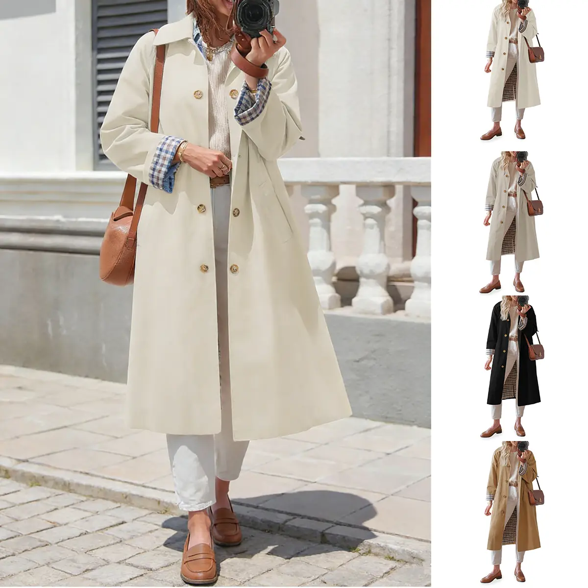 WoodBerry Women's Oversized Long Trench Coat - Single Breasted, Collared, Long Sleeve, Classic Check Lining, Windproof, Durable, Lapel, Lightweight, All-Seasons, Loose-Fit, Cute, Buttoned, Baggy Fashion Outerwear