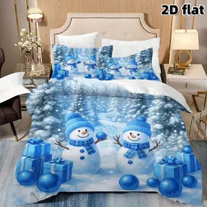 2D Flat 3Pcs Cartoon Snowman Duvet Cover, Winter Christmas Themed Bedding with Blue Gifts and Ornaments, Cozy Microfiber Quilt 2 Pillowcases (No Filler) for Bedroom Holiday Decor, Home Gift, Decorative Duvet Cover