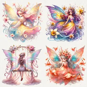4-Pack Magic Butterfly Fairy Heat Transfer Stickers - Vibrant Watercolor Patches for DIY T-Shirts, Canvas Bags, and Pillows, Fun Cartoon Design with Luminous Tones and Floral Details, Fabric Decoration, Diy Flower Decor