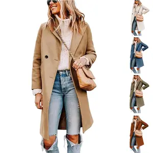 SCUSTY Women's Winter Notch Lapel Double Breasted Wool Blend Mid Long Pea Trench Coat with Two Side Pockets