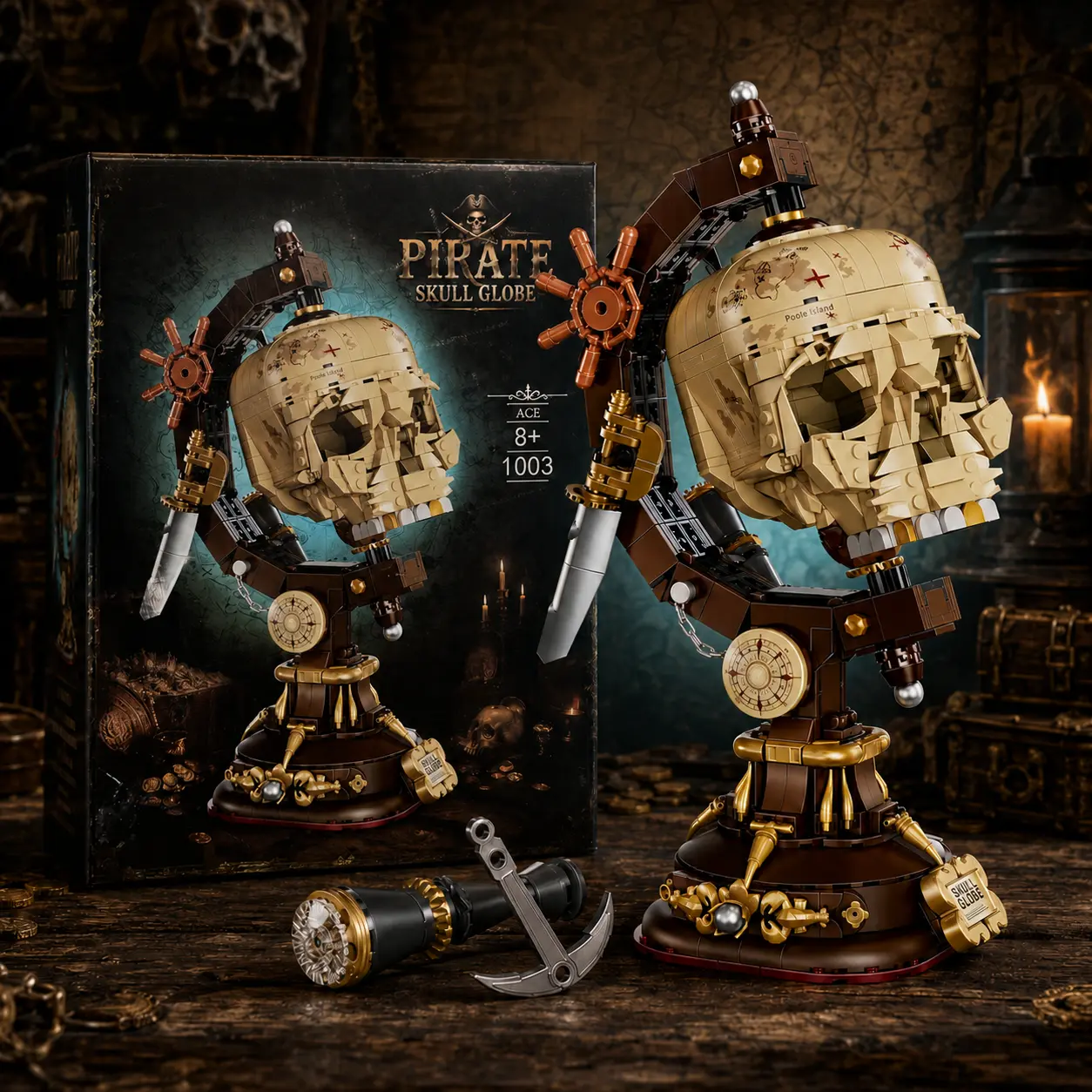 1136PCS Pirate Theme Skull Motif Globe Building Block Set - ABS Plastic DIY Skeleton World Map Model Kit, Gothic Room Decor Puzzle, Unisex Gift for 8+ Pirate Fans (Birthday/Christmas) | Building Block Sets