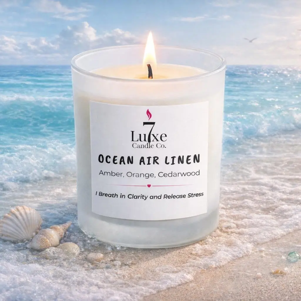 Ocean Air | Soy Coconut Candle 8oz | Lemon Jasmine Bamboo | Clean Burn Luxury Candle | Frosted White Jar | Cotton Wick | Affirmation Candle