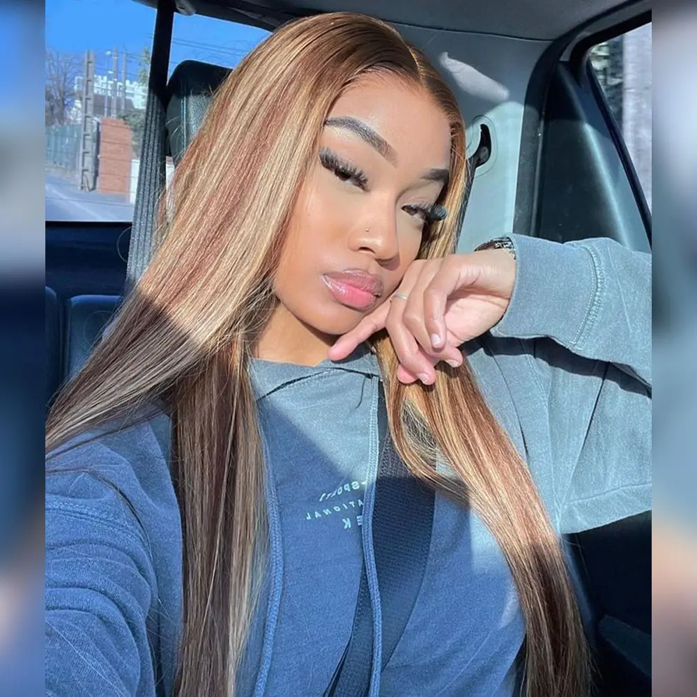 Megalook 13x6 HD Lace Three-Go Glueless Highlight Honey Blonde Wigs #2P427 Silky Straight With Drawstring 100% Human Hair Wig Put On Go Binner Friendly