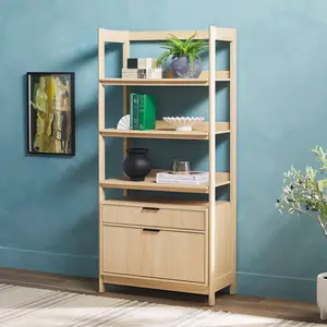 Walker Edison WEHOL41OS3CO0 Holmes Modern Wide Bookcase with Two Reeded Drawers - Coastal Oak