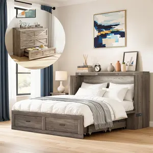 Avocahom Convertible Murphy Cabinet Bed (Full/Queen Size) with USB Charging Station, Horizontal Murphy Bed with Storage, Space-Saving Hidden Bed for Small Apartment, Guest Room & Home Office