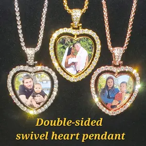 Custom Double Sided Swivel Heart Photo picture pendant necklace with free chain in Gold/Silver/Pink - 20.5 inch chain rhinestone bling day gift valentine unique jewelry