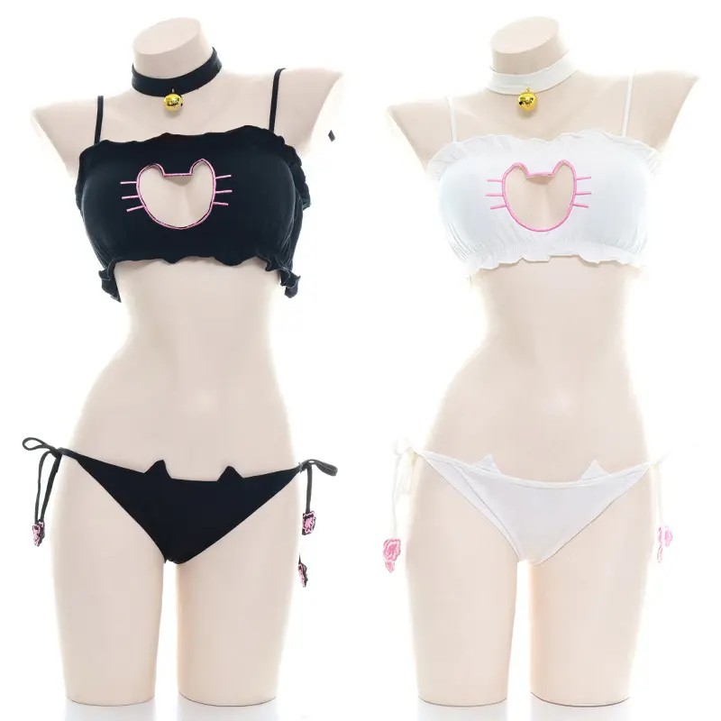 Women's Kawaii Anime Cosplay Matching Lingerie Set - Breathable Cotton, Heart Embroidery, Ruffle Crop Top, Panty, Bell Choker, Black & White Options, Pretend Play Toy Gift for Loved Ones, Accessories