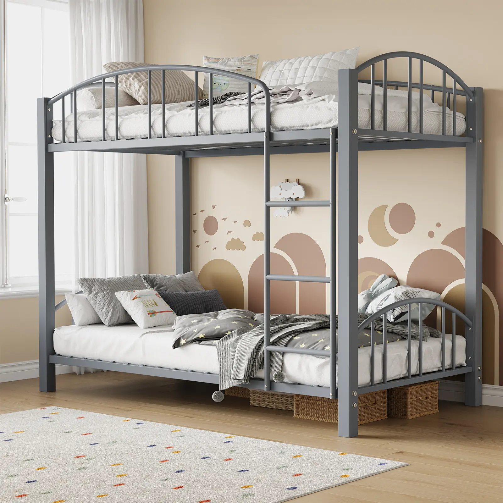 Twin Over Twin Metal Bunk Bed, Heavy Duty Steel Frame with Arched Guardrail and Safety Ladder, Space-Saving Design for Children, No Box Spring Required, Matte Gray