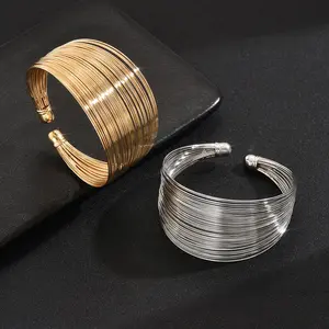 Wide Multi-Layer Wire Cuff Bracelet for Women, 18K Gold/Silver Plated Statement Open Bangle, Hypoallergenic Tarnish Resistant Evening Party Daily Fashion Jewelry