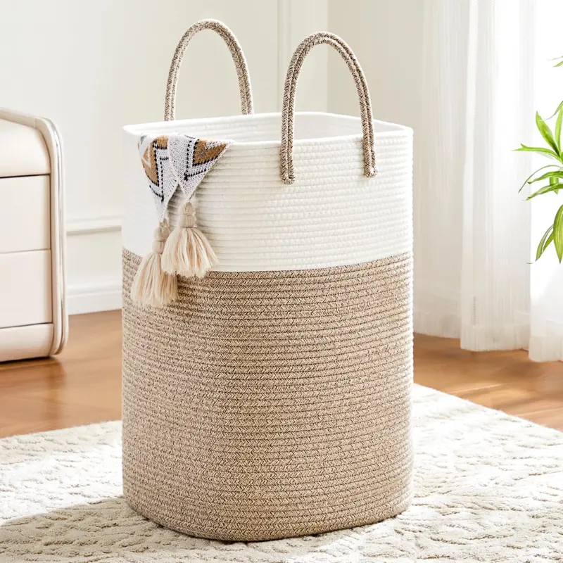 Classic Round Eco-Friendly Woven Cotton Rope Collapsible Laundry Hamper - 40L/60L/100L Home Organizer, Breathable Storage Basket with Elegant Natural Charm for Laundry & Toys, Bathroom Nursery Decor (Home Supplies)