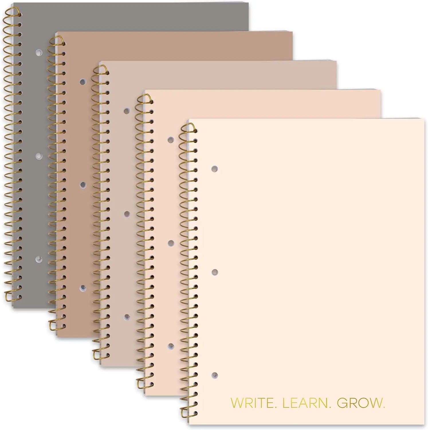 Decorably 5-Pack Cute Assorted Colors Gold Foiled Spiral Notebooks - 140 College Ruled Pages, 8x10.5in Spring Bound, 3-Hole Punched, Easy Tear-Off Perforated Design, Office Stationery for Work & School, Cute Notebooks, Assorted Colors Notebooks