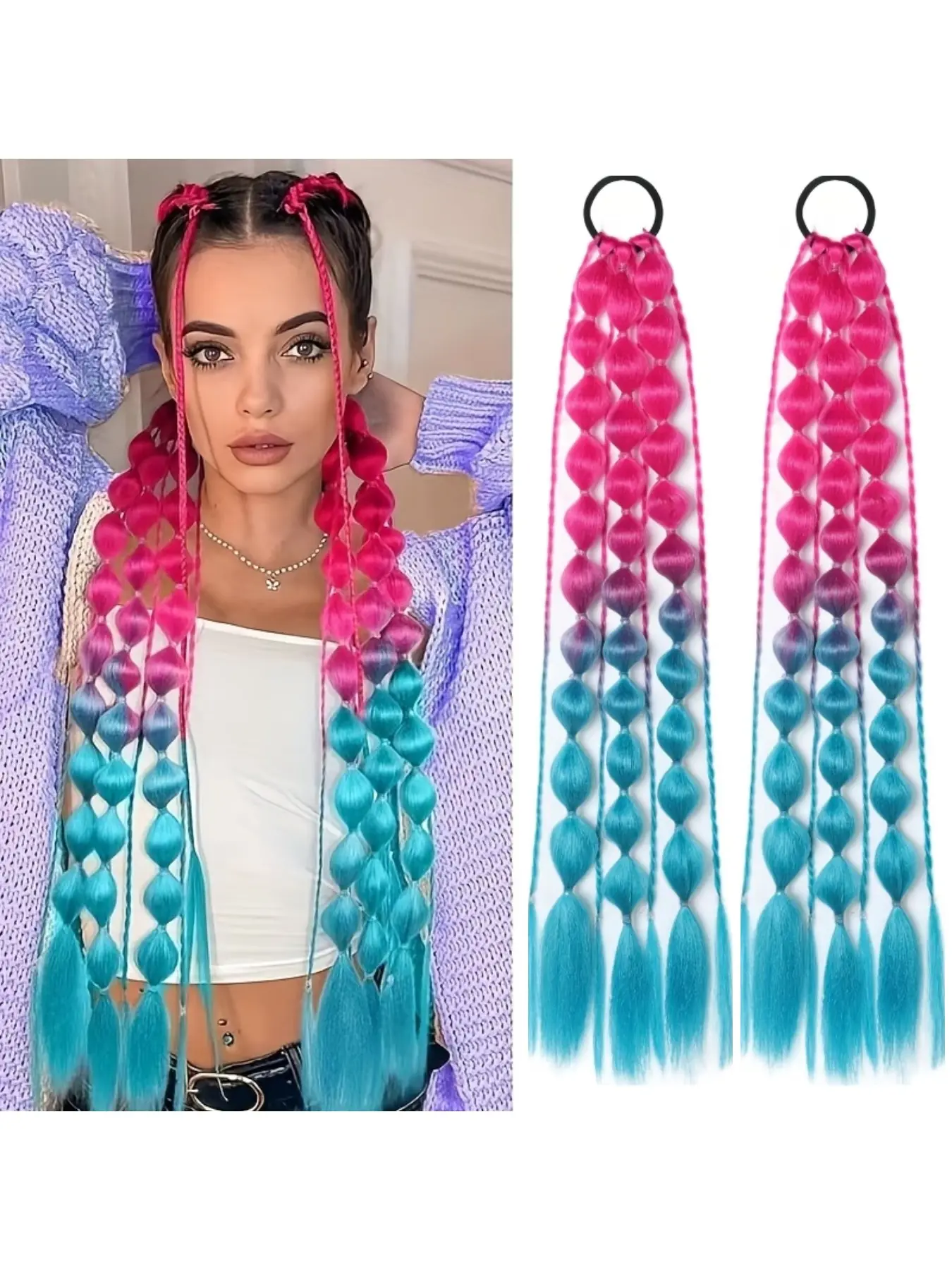 2 Pcs Colorful Bubble Braid Hair Extensions, Braiding Extensions, Synthetic Hair Braids, Synthetic Braided Hairpieces, Synthetic Hair Piece, Ponytail Volume Booster, Lantern Braid Elastic, Perfect for Women's Festivals and Parties