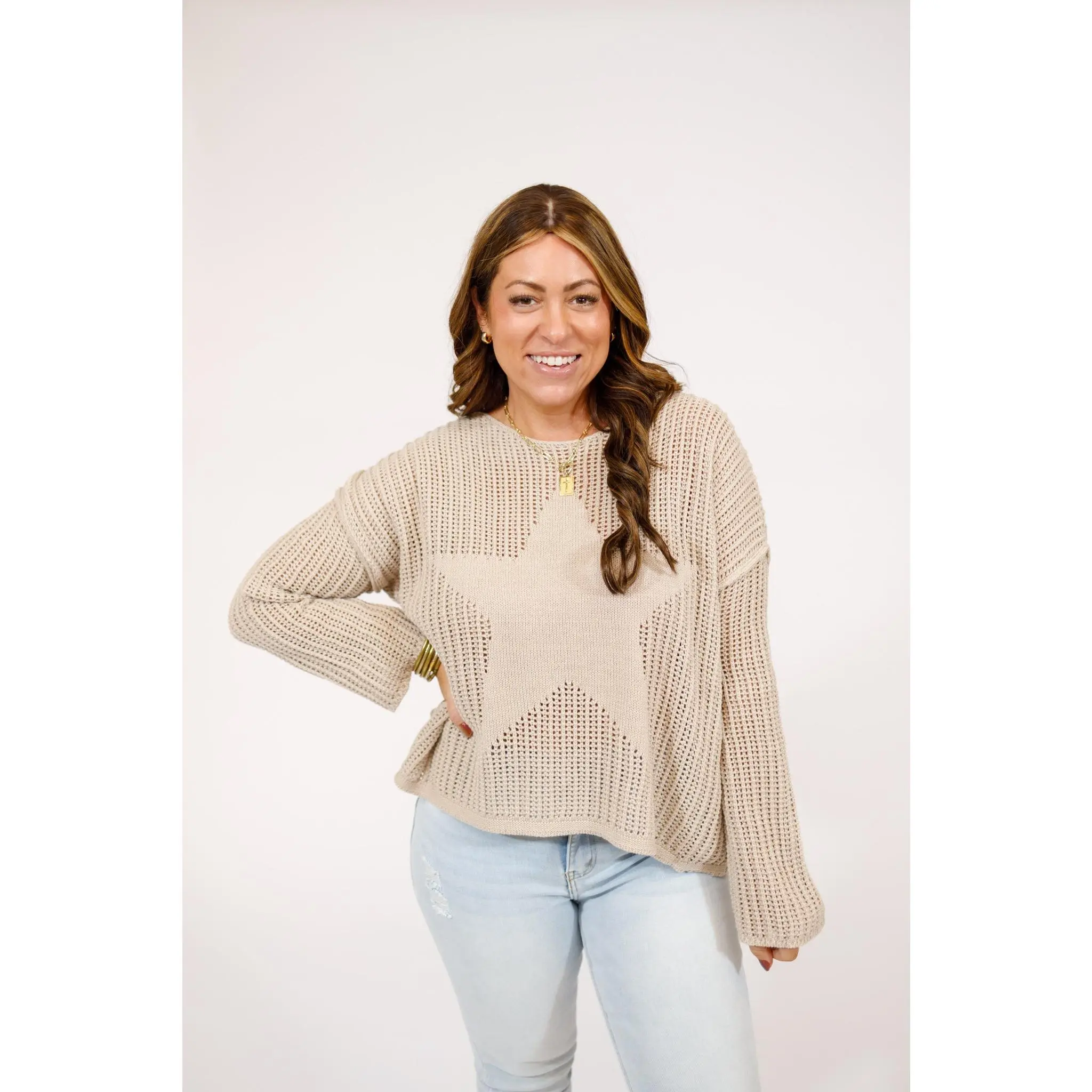 Taupe Star Cable Knit Sweater