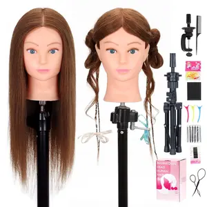 Mannequin  Human Hair with Tripod Stand 22"-24" Female  Human Hair Mannequin  Hair Styling  Manikin  Doll  for Hairdresser with Clamp Holder and Tools (#4 Set)