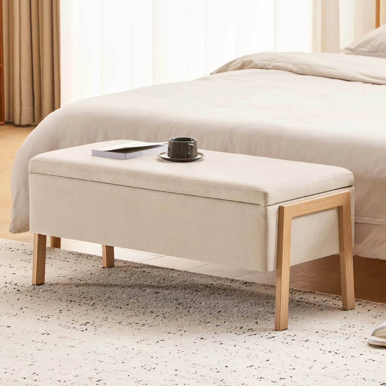 Furnimart 38.5" Storage Ottoman Set for Twin Bed, Upholstered End of Bed Stool with Wood Legs, Soft Padded Footstool and Hidden Storage for Entryway Living Room