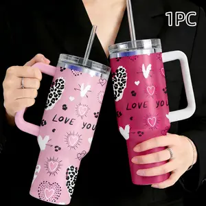 40oz Leopard Heart Car Stainless Steel Large Capacity Insulated Cup with Handle, Straw, Lid, Office, Gym, Travel Use，water bottle tumbler