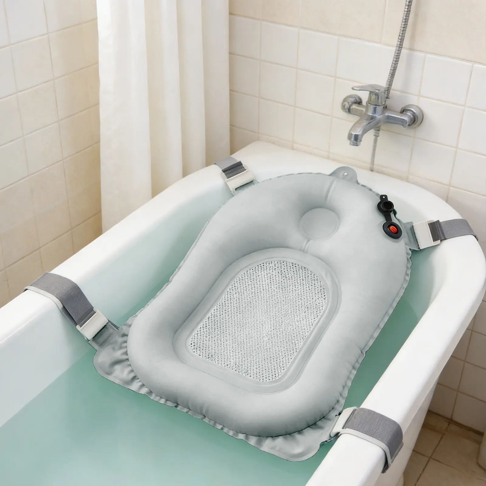 Soft Inflatable Baby Bath Cushion, Anti-Slip Newborn Bath Support Pillow, Safe Infant Bath Lounger for Sink or Tub, Quick-Drying Baby Bath Seat
