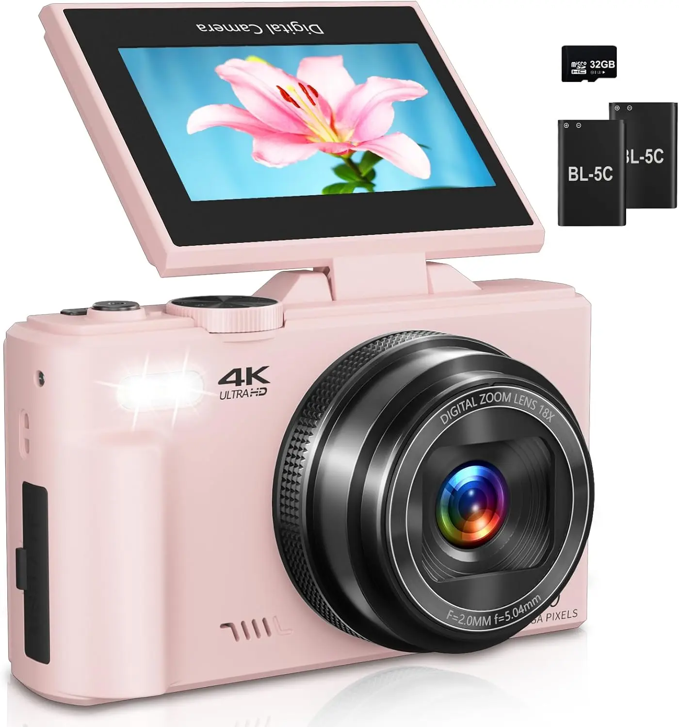 Digital Camera for Photography, 4K Vlogging Camera for YouTube 3" 180 °   Flip Screen 18X Digital Zoom Compact Cameras with 32GB TF Card & 2 Batteries, Pink