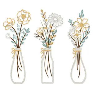 3 Pieces Metal Floral Wall Art Flowers Wall Decor, Rustic Farmhouse Living Room Kitchen Dining Room Bedroom, Housewarming Gifts, Beige, Colorful Art Wall Decoration
