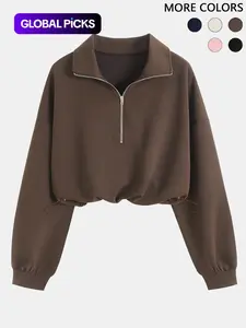 Women's Half-Zip Stand Collar Drawstring Short Cropped Fitted Sweatshirt, Comfortable and Stylish Pullover for Spring & Fall