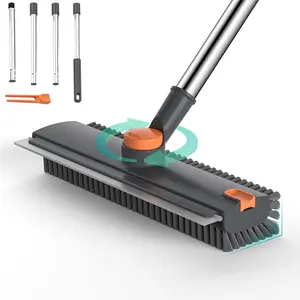 3-in-1 Floor Scrub Brush with Squeegee & Tweezer – Long Handle Push Broom, Heavy-Duty Stiff Bristles for Patio, Shower, Garage & Deck