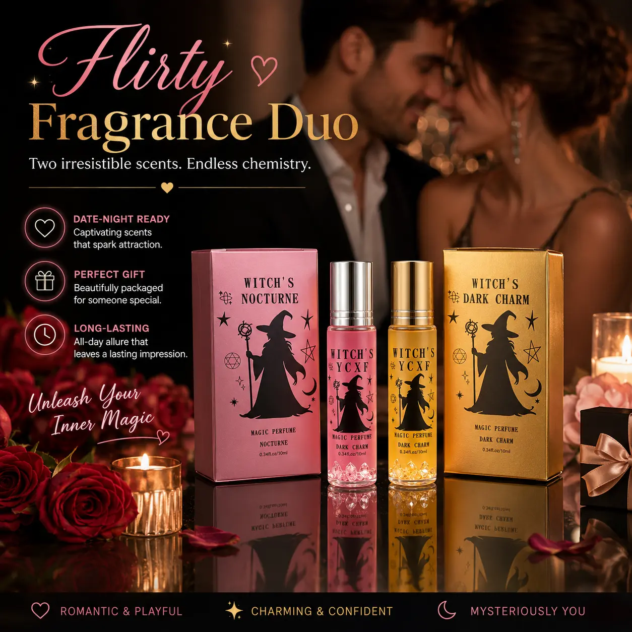 Witch Magic Combo Perfume - Blending fresh woody notes,fruity scents and floral fragrances. Each bottle of perfumecontains natural scents from the Baltic Sea coast, emitting aunique and natural aroma. Perfect for couples to use!