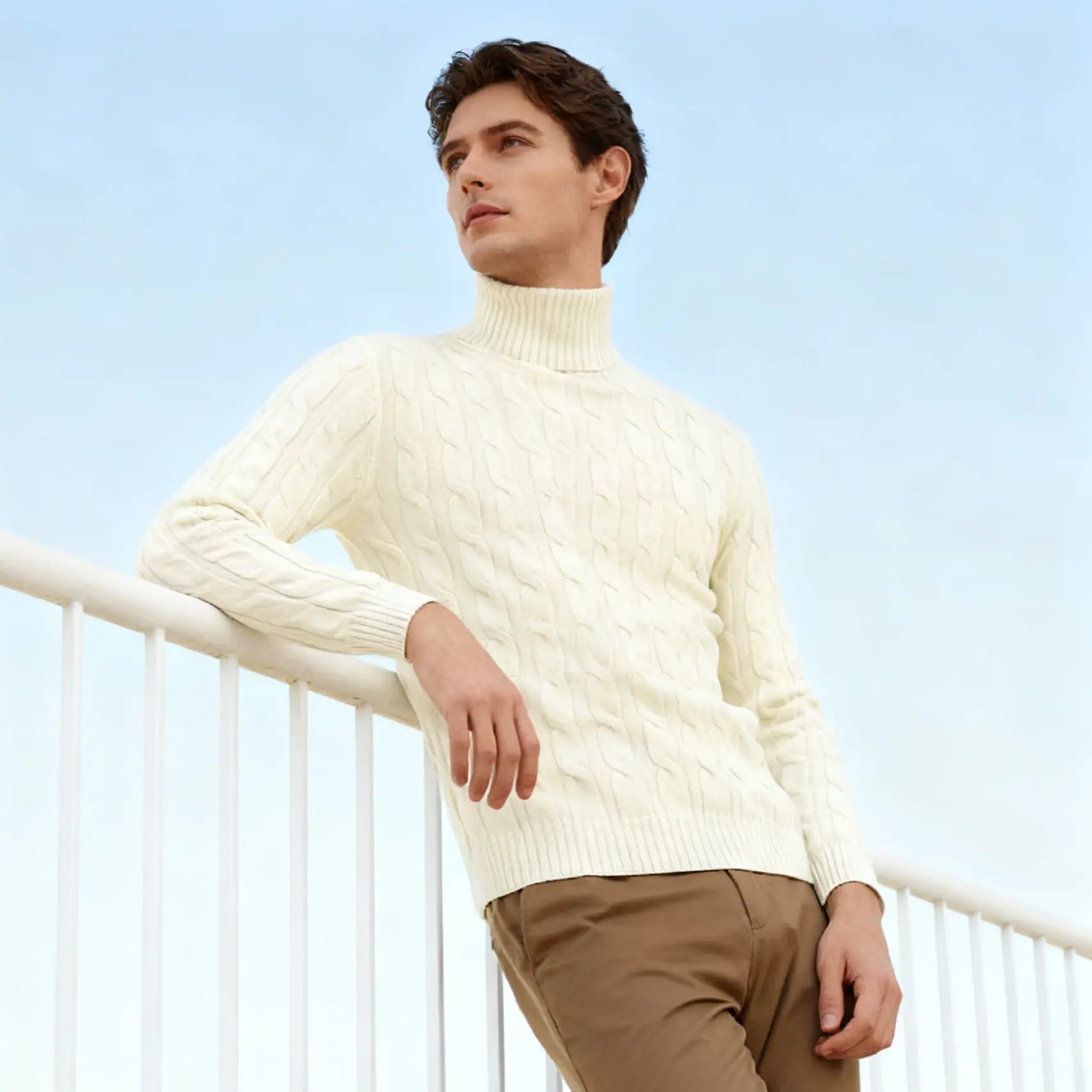 Men's Slim Fit Turtleneck Sweater Casual Twisted Knitted Pullover Sweaters Navy Blue Long Sleeve Soft Chunky Classic Menswear