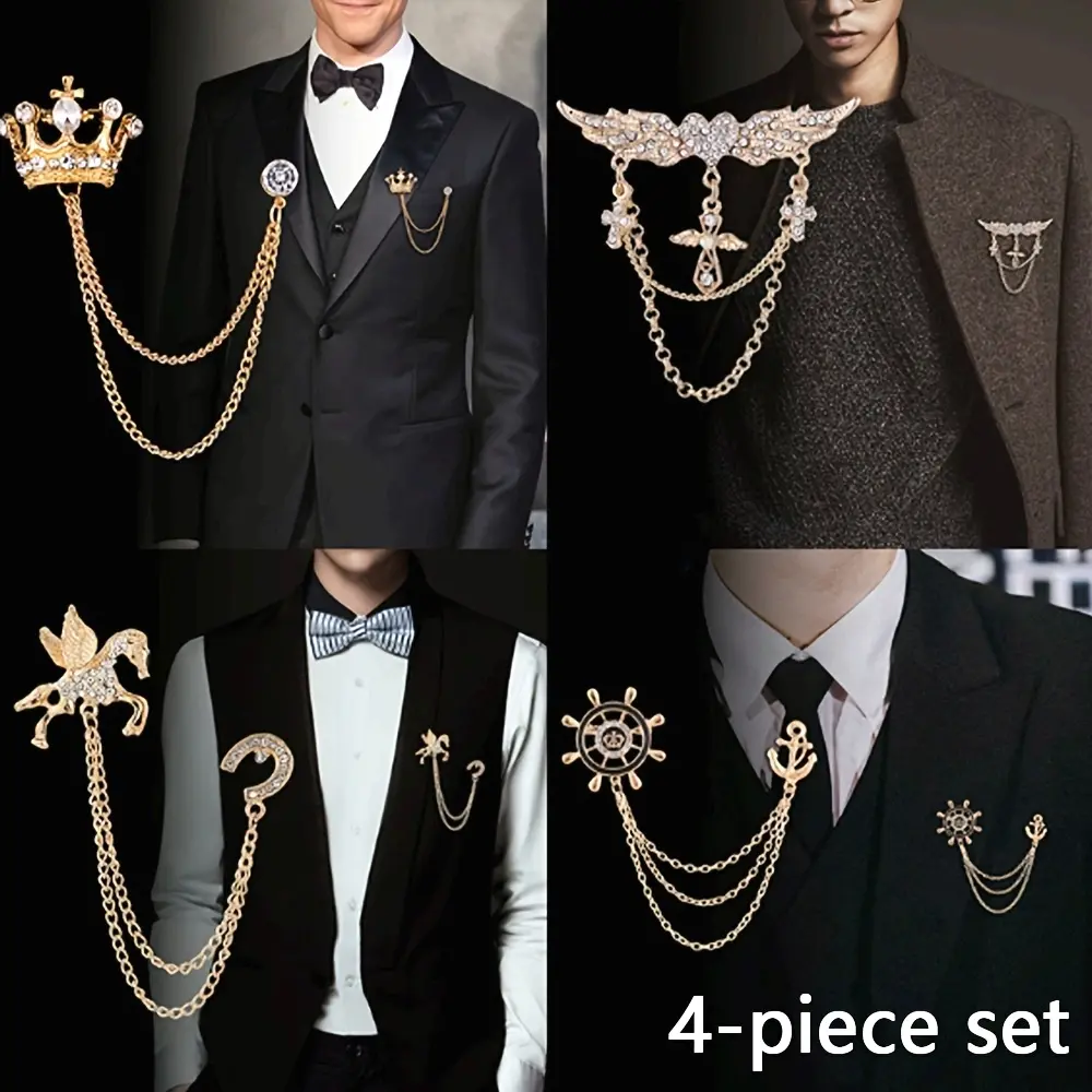 4pcs Set of Men'S Elegant Brooches, Wing Tassel Chain Brooch, Crown Brooch, Rudder Brooch, Pegasus Brooch, Lapel Pin, Vintage Corsage Men'S Tie Hat Scarf Set Tuxedo Golden, Golden, Decor Pins
