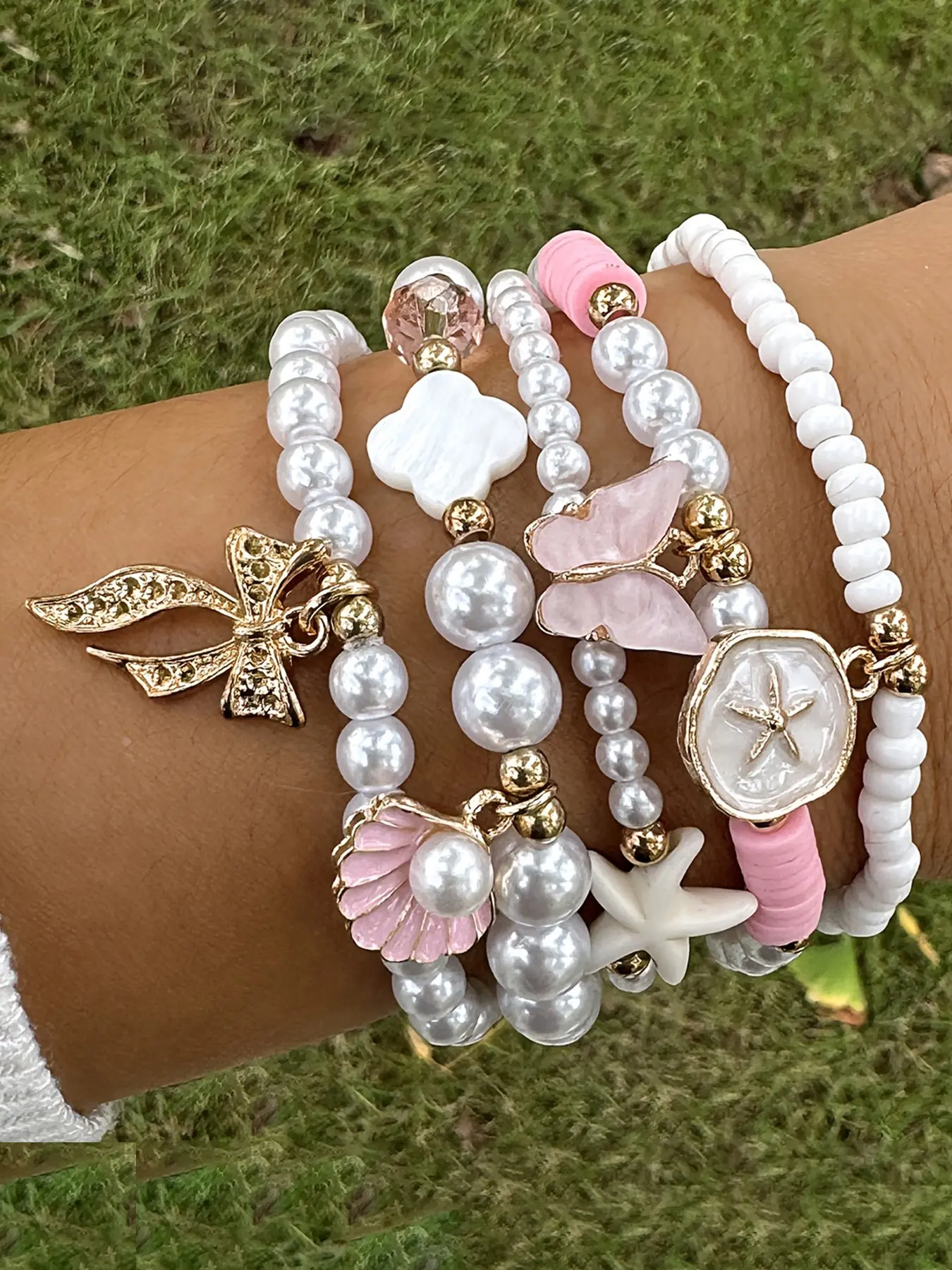 Elegant Metal Shell Starfish Bowknot Bracelet Set, Multi-Layer Stackable Faux Pearl Bead Jewelry, Exquisite Bracelet, Perfect for Parties and Gifts, Beautiful Bracelets
