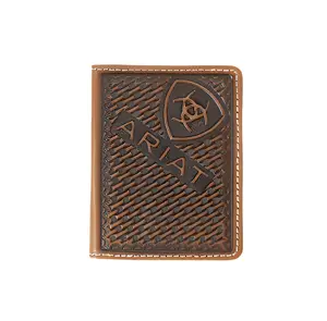 Ariat Foldable Bi-Fold Flip Wallet - Brown Leather with Basket Weave & Sunburst Embossing, Logo-Embellished Masculine Brown Men's Wallet, Brown Men's Wallets, Foldable Men's Wallets