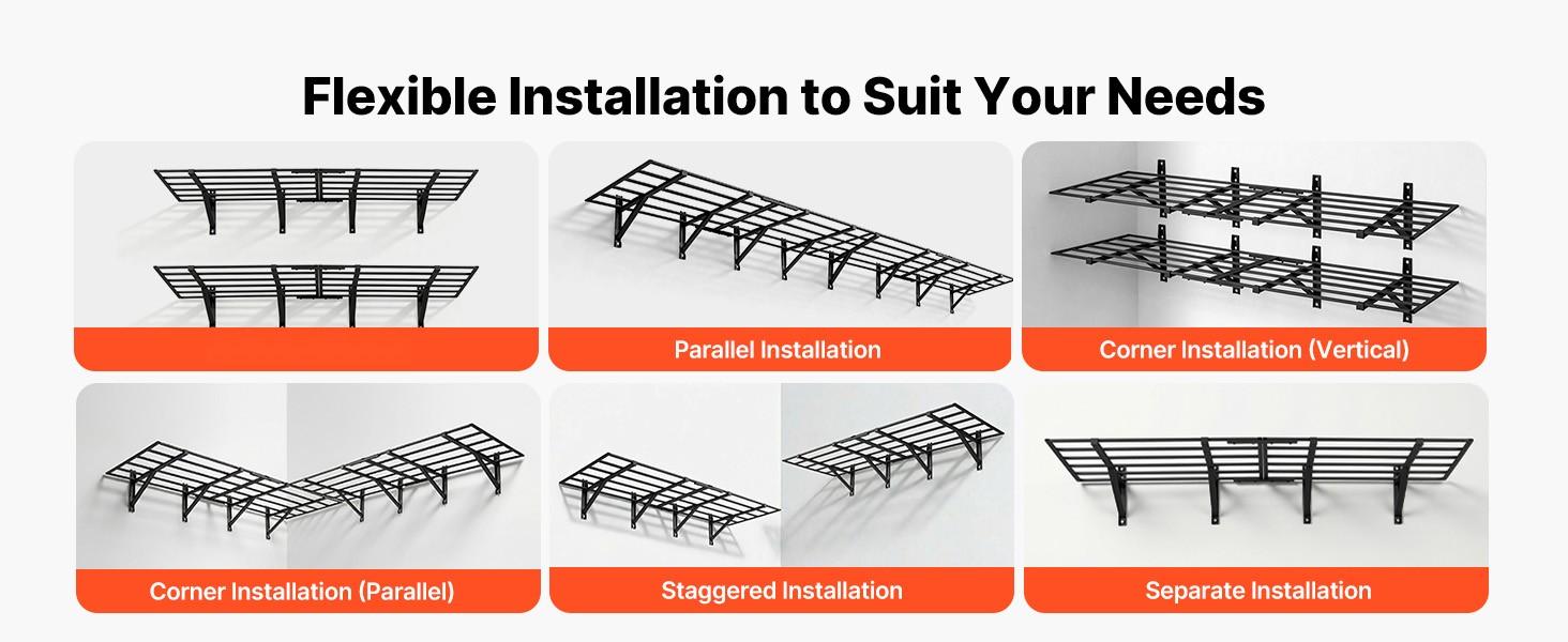 2-Tier Heavy Duty Wall Garage Shelving System, 4-Pack Steel Wall Mounted Shelving Unit, 24 x 72 Inches Per Shelf, Floating Storage Metal Rack For Garage Organization, 1600 Lbs Total Weight Capacity, Black