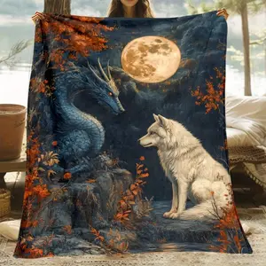 Ultra Soft Mysterious Fantasy Wolf Dragon Flannel Blanket Dreamlike HD Print Polyester All Season Comfort Throw Sofa Bed Travel Camping Warm Cozy Fleece Magic Aesthetic Gift Idea Wrap