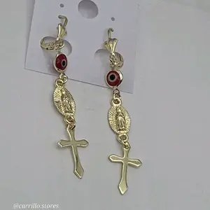 Virgin Mary beautiful earrings red eye & cross  gold-plated protection