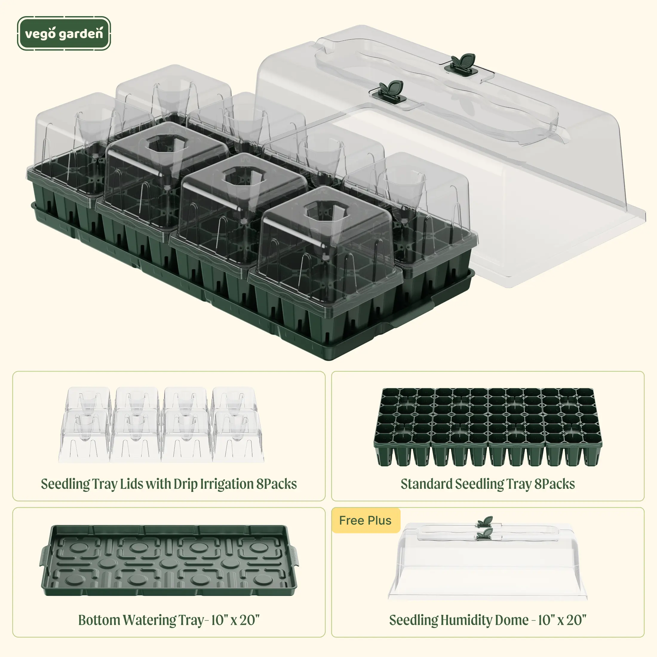 Vego garden Germination Bundle,  Seedling Trays with Seedling Tray Lids and 10" x 20" Bottom Watering Trays Plus Seedling Humidily Dome Easy Grow Plant Growing Set