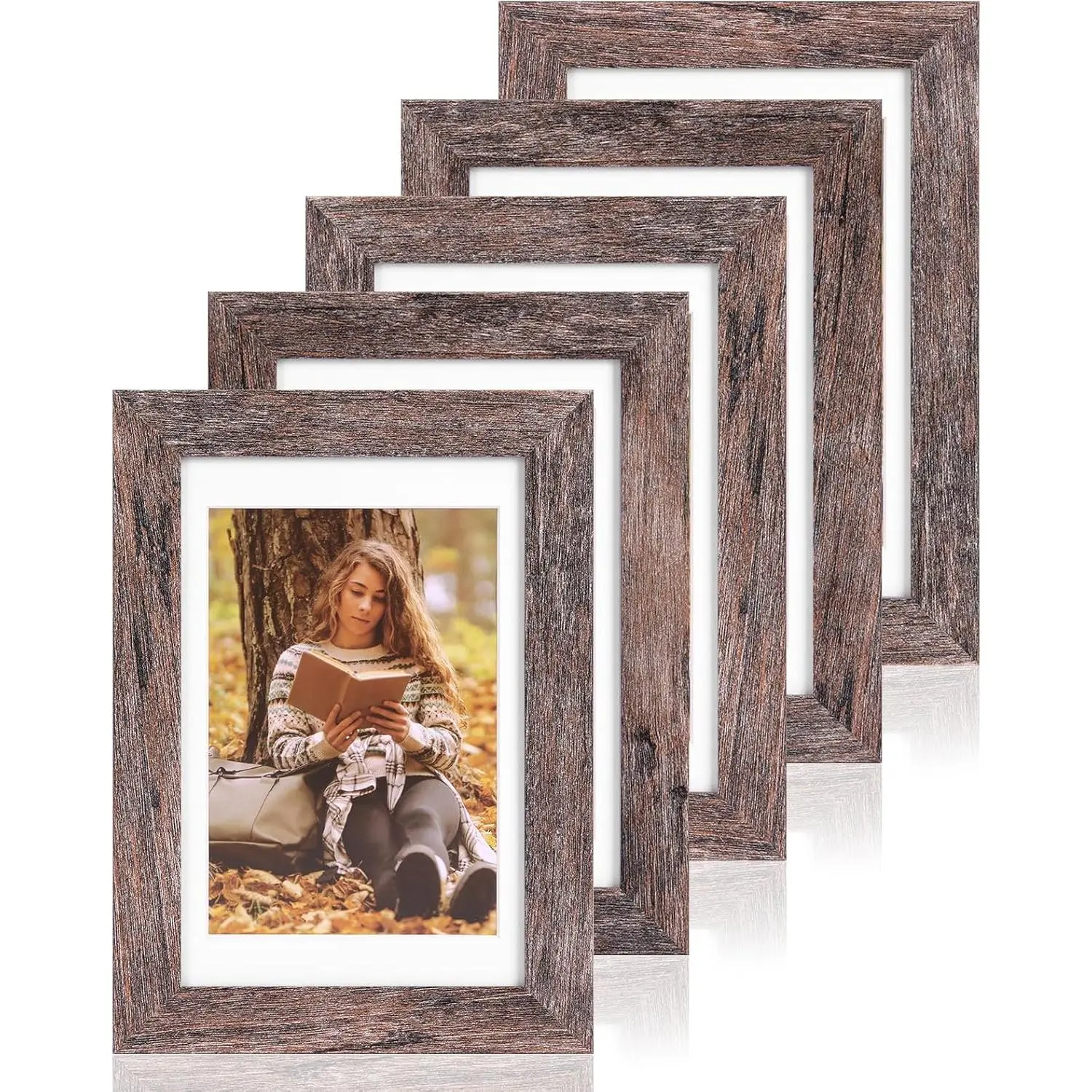 Fixwal 5-Pack Vintage 4x6 Photo Frames, Rustic Brown Sturdy MDF Wood Grain with Tempered Glass, Hanging Wall Mount & Tabletop Display, Decorative Home Decor for Partner Gifting to Display Photos