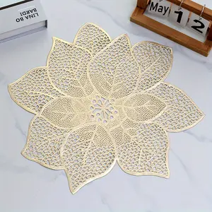 Set of 6 Gold Placemats for Dining Table Pressed Vinyl Metallic Table Mats Hollow Out Hibiscus Flower Place Mats for Dinner Decor Holiday Wedding Accent Centerpiece