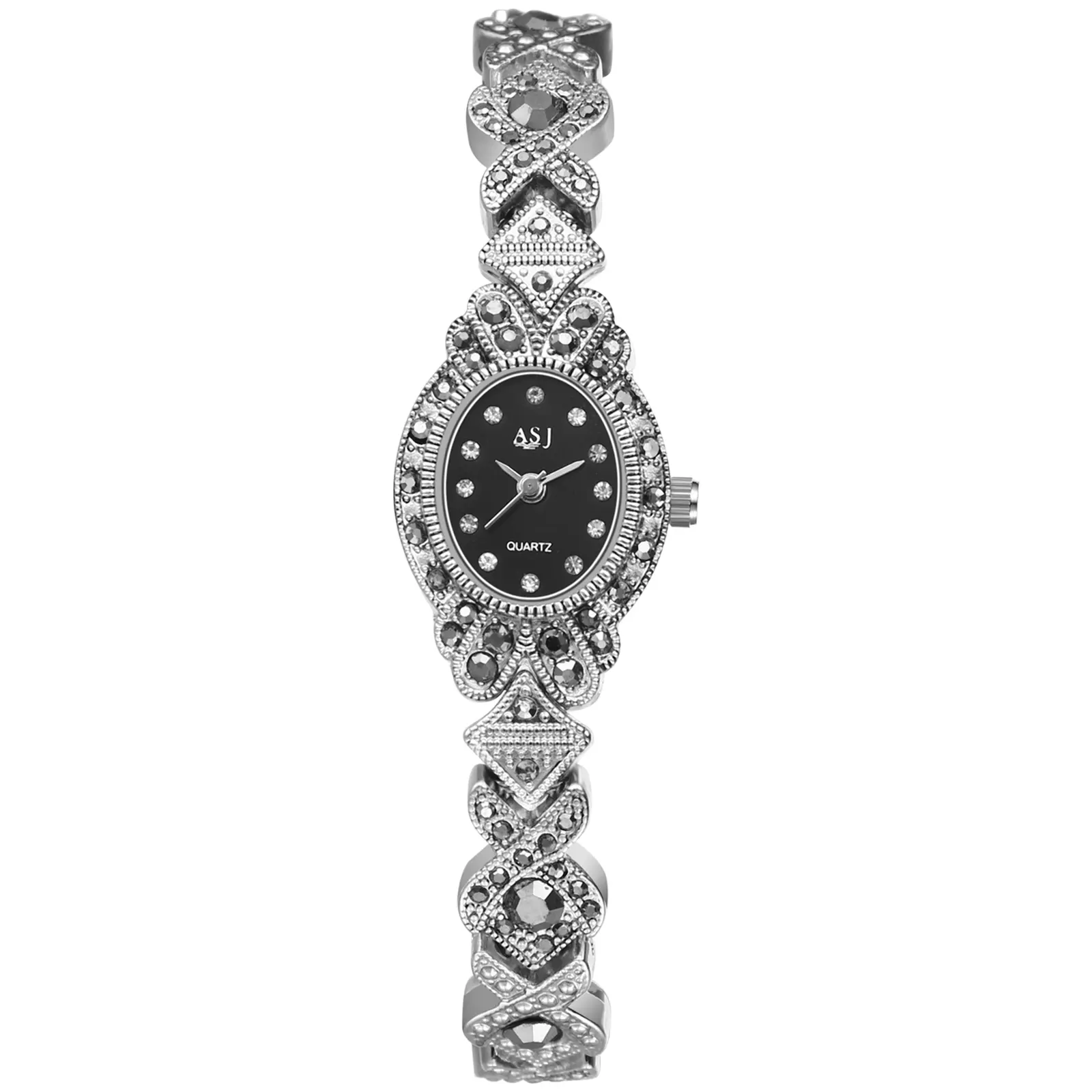 OIDEA Women's Gothic-Inspired Vintage Analog Quartz Bracelet Watch - Dainty Rhinestone Flower Dial, Adjustable Link Band, Rhinestone Accents, Splashproof, Fashion Accessory, Gift Ideas, Rhinestones Accents