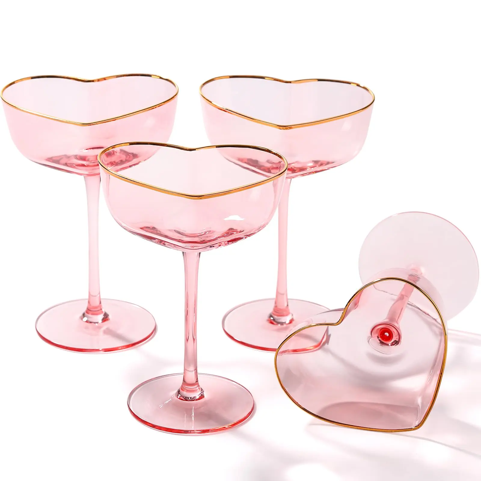 Pink Heart Coupe Glasses Set of 2,   Unique Wine Glasses for Her, Cute BarwarePink Coupe Glasses Set of 4, Heart-Shaped Martini Glasses with Golden Rim,Sidecar Cocktail Glassware for Wedding, - 8oz Drinkware friend gift red wine s