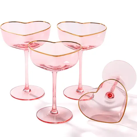 Hand Blown Heart Glasses Set - 8oz Lead-Free Golden Rim Classic Hand Blown Glass, Stylish Drinkware for Cocktail (Coupe/Martini/Sidecar), Dining, Wedding Gift (2/4 Options) Kitchenware