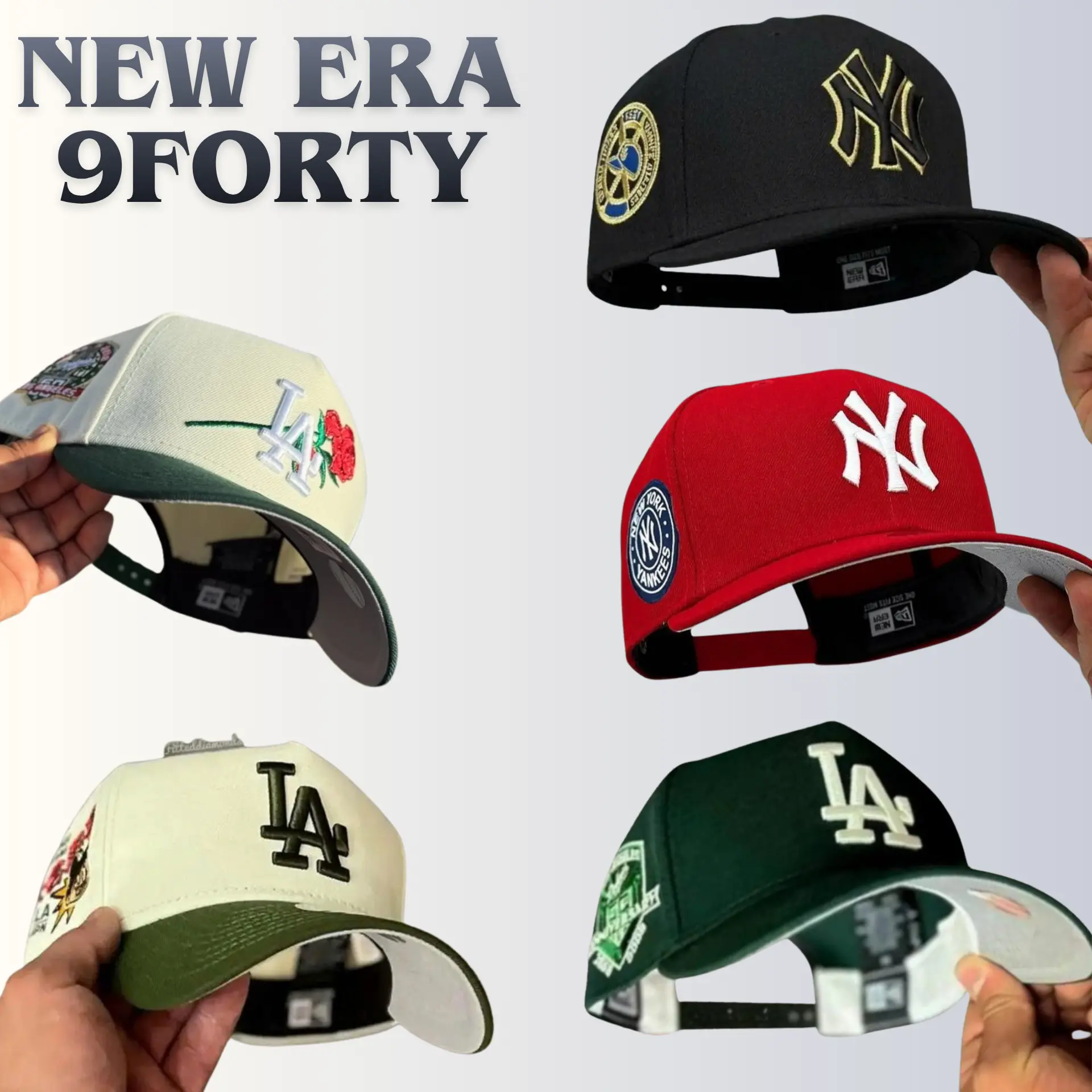 New Era MLB LA Dodgers NY Yankees Baseball Cap – 9FORTY Adjustable 59FIFTY Fitted Snapback Hat, Premium Embroidered Logo, Curved Brim, Gorras de Béisbol para Hombre y Mujer, Streetwear Urban Fashion, Vintage Sport Look, Fan Gear Collection