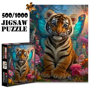 1pc 1000 piece adult puzzle 70x50cm Tiger Cub with Butterfly Wings in Floral Fantasy Scene 500 pieces of paper jigsaw puzzle, Animal Shape Puzzle, suitable for adults and families, large-scale DIY puzzle interactive to