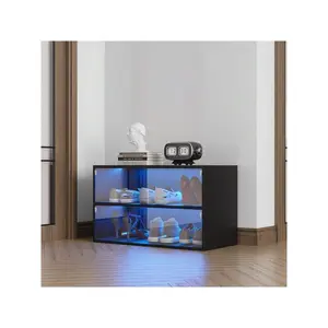 Indoor furniture  Storage Box RGB Lights Entryway LED Light Up Shoes Case With Sliding Glass Door Showing Shoe Rack For Display Sneakers And Space Saving