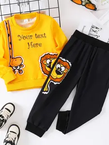 Boys' Autumn Winter Cartoon Animal Print Hoodie Set, Long Sleeve Round Neck Sweatshirt & Lion Pants Two-Piece for Kids
