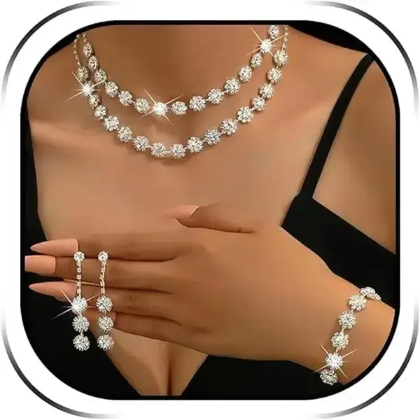 ChicBloom B Silver Rhinestone Jewelry Set for Women, Sparkly Necklace Earrings Bracelet Set for Wedding Prom Formal Events, Lightweight Costume Jewelry Accessories for Brides Bridesmaids Party Outfits
