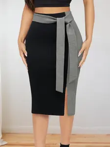 Women's Patchwork Print Tie Front Bodycon Skirt, Elegant Casual Skirt, Elegant Split Thigh Midi Skirt, Ladies Bottoms for All Seasons