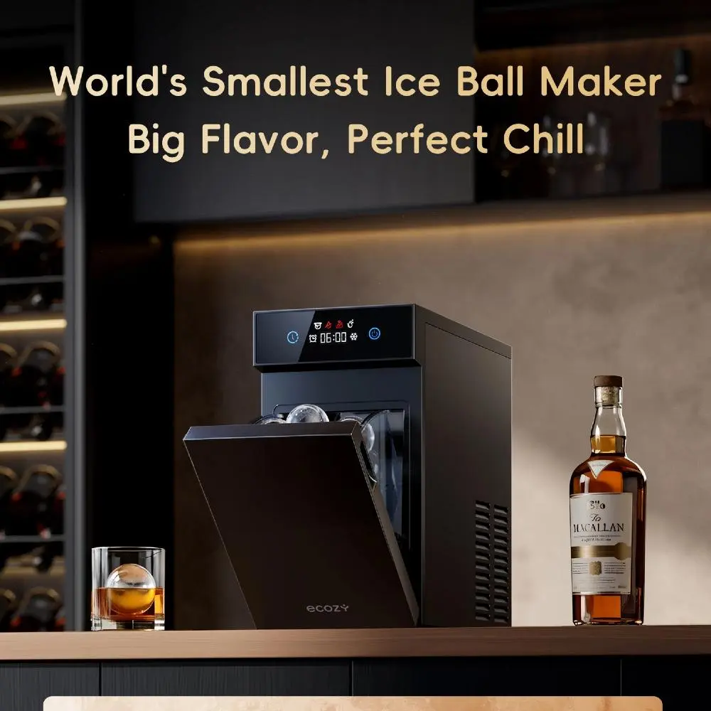 ecozy 2.1" Clear Ice Ball Maker Countertop, Minimal Footprint Sphere Ice Maker with CrystalFlux Technology, 8H Timer, 1 pc in 30 Mins, 48 pcs/Day, Self-Cleaning Round Ice Machine for Home Bar Whiskey, Bourbon, homedecor Ice Scoop