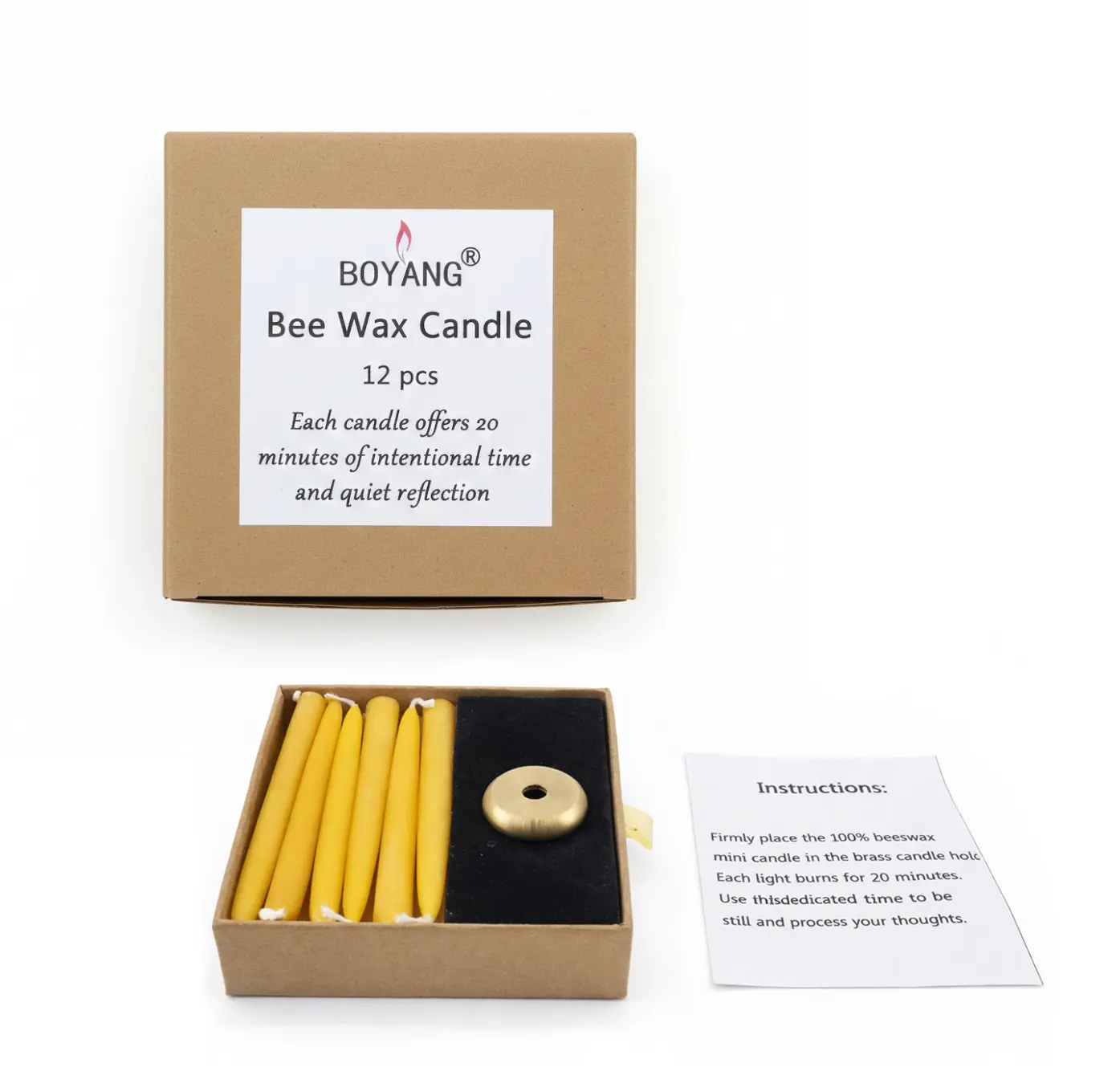 12 pcs 20-minute beeswax mini taper candles with brass holder, unscented candles for journaling, meditation, prayer, and cozy self-care
