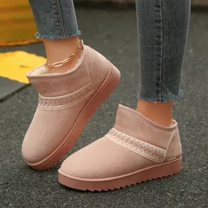 Women's Warm Winter Ankle Snow Boots Embroidered Fuzzy Lined Slip-On Casual Indoor Outdoor Shoes