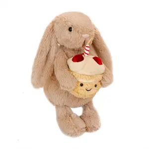 Plush Bashful Beige Bunny Birthday Holding Cupcake Muffin Soft Stuffed Plush Toy Sofa Pillow Decoration Desktop Ornament Gift