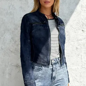 Dark Blue Cropped Denim Biker Jacket for Women Casual Long Sleeve Outerwear